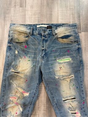 KLOUD9 Men’s Distressed Paint Splatter Skinny Jeans Light Wash Size 36x32